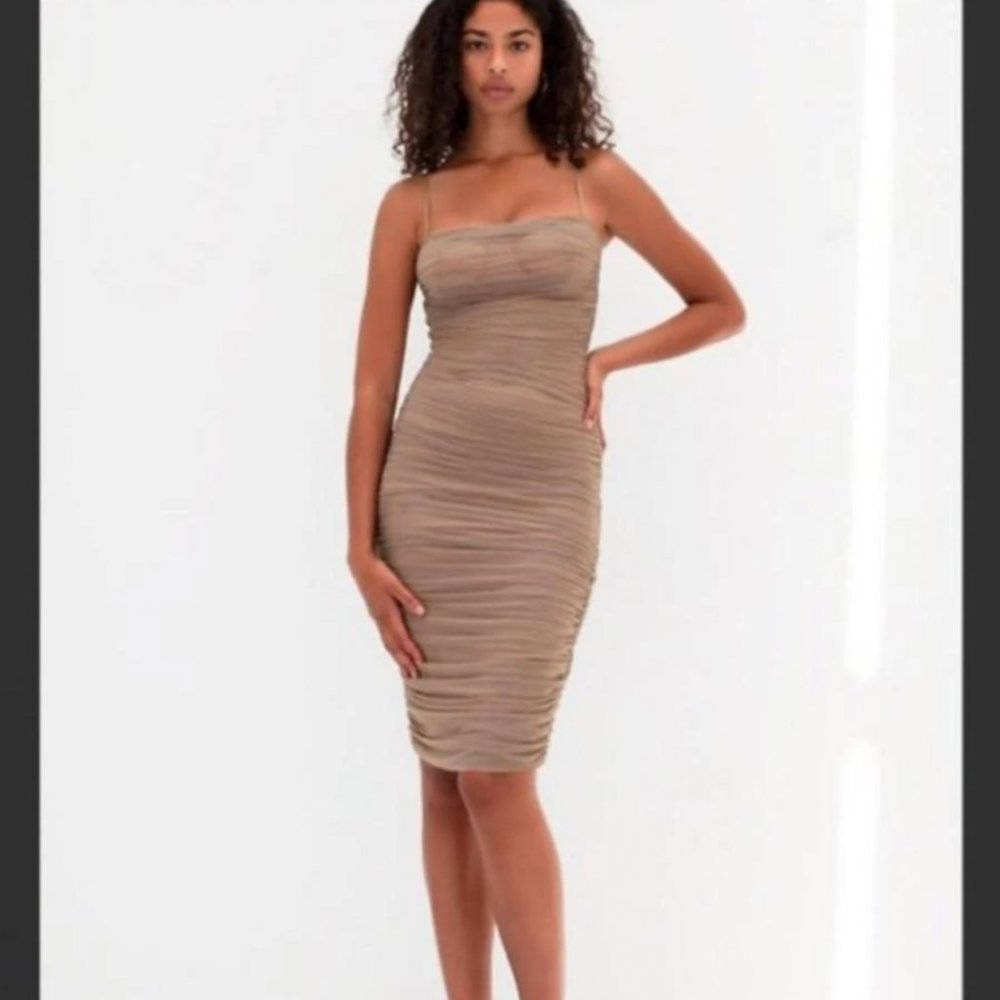 Artizia Babaton Luxor Beige Taupe Mesh Bodycon Ruched Midi Dress - Picture 3 of 4
